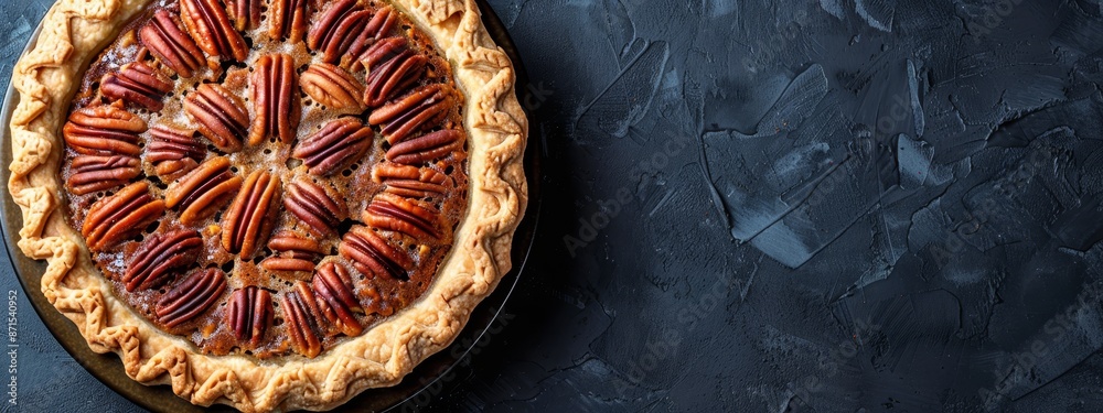 A pie with numerous pecans in its center, tightly framed by black surface ..Or, for a more descriptive version:.. A pie with numerous pecans in its center, tightly framed by black surface ..Or, for a more descriptive version:..
