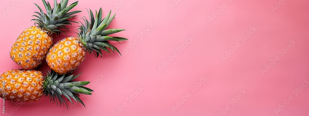 Three pineapples stacked on a pink surface against a matching pink background Three pineapples stacked on a pink surface against a matching pink background