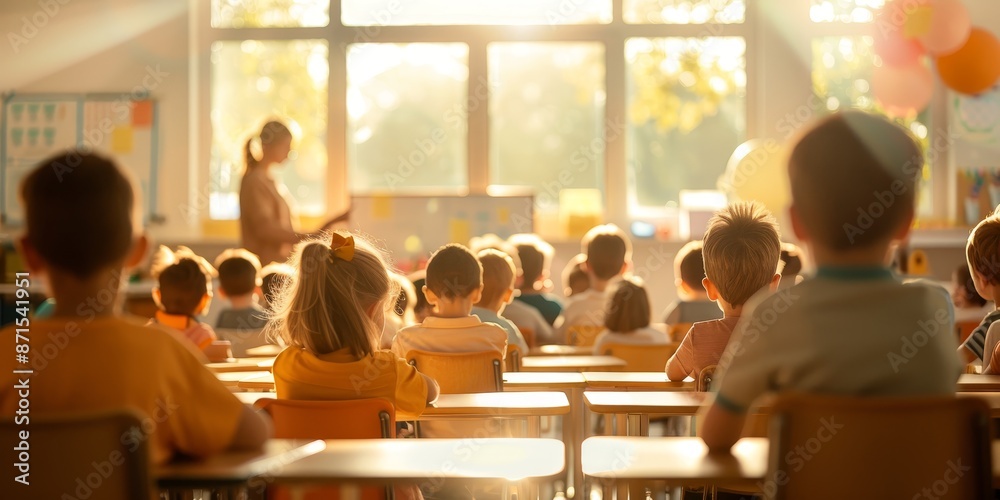 Obraz premium A teacher is standing in front of a classroom full of students by AI generated image