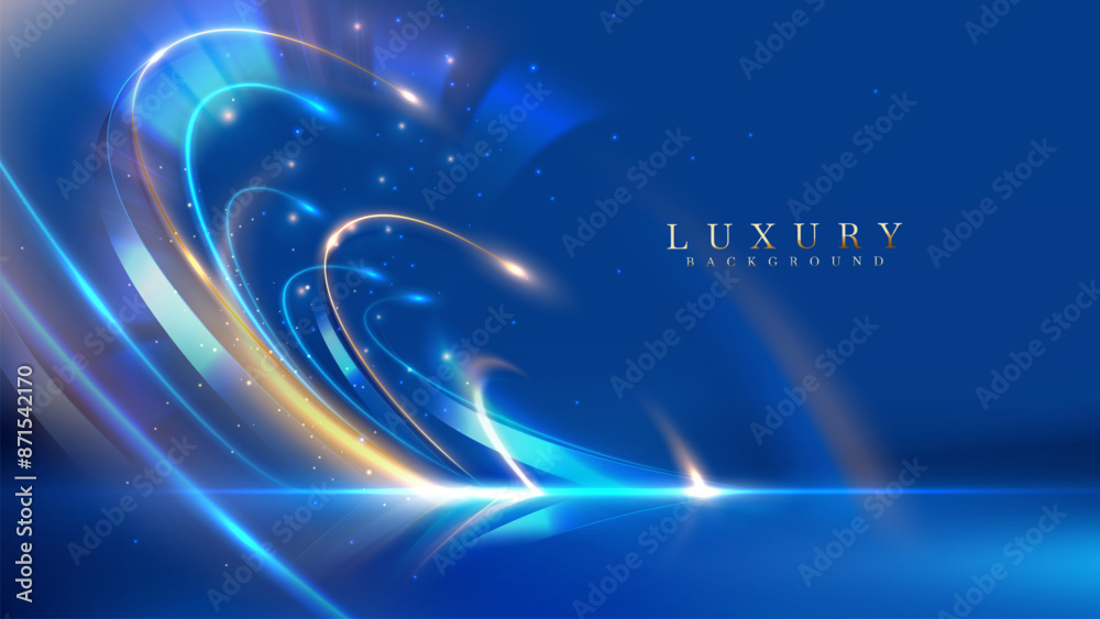 Blue luxury background with golden line decoration and curve light effect with bokeh elements. Modern art elegant dark scene.