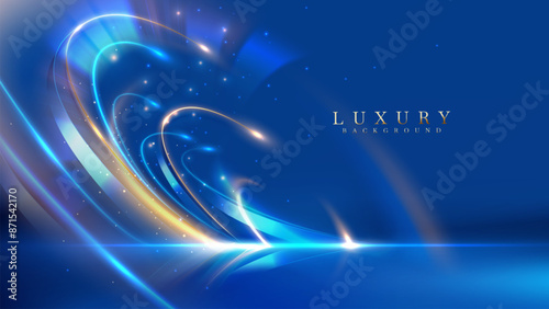 Blue luxury background with golden line decoration and curve light effect with bokeh elements. Modern art elegant dark scene.