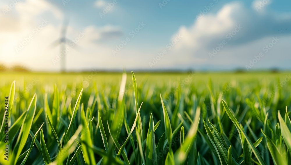 Fototapeta premium A field of green grass with a windmill in the background by AI generated image