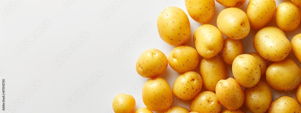 A stack of yellow potatoes atop a white table Nearby, a stack of brown potatoes rests on another white table A stack of yellow potatoes atop a white table Nearby, a stack of brown potatoes rests on another white table
