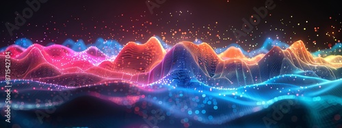  A mountain range depicted in an image, featuring brightly colored lights in the foreground, while the background displays a softly blurred mountain range photo