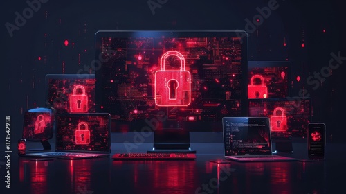 A computer desk with a red lock on a monitor. Cybersecurity concept photo