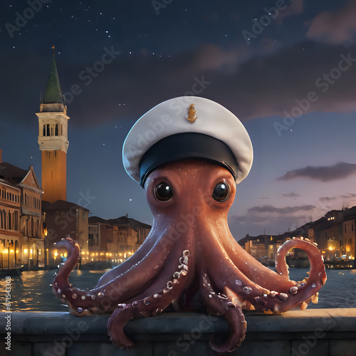 a cartoon octopus wearing a sailor's hat on a wall photo