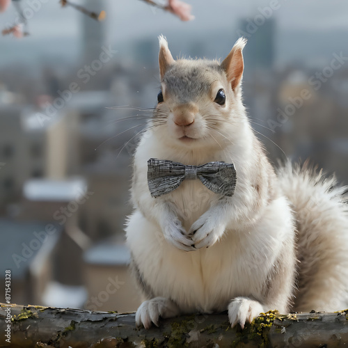 a squirrel with a bow tie sitting on a ledge photo