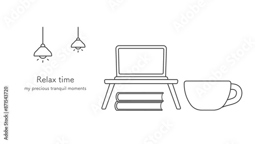 PCや本、カップのある線画の背景素材　ベクターイラスト