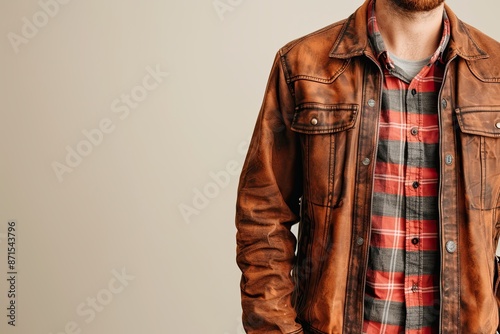 Man wearing a brown leather jacket and red plaid shirt, minimal background, casual fashion and streetwear concept. photo