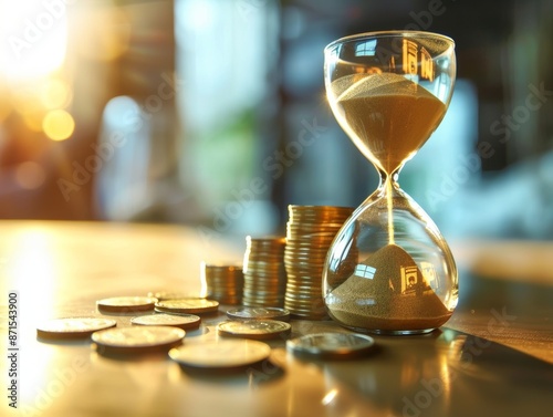 Sand Clocks with Coins on a Table , copyspace area - ai