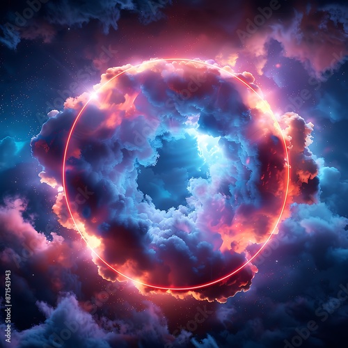 abstract cloud illuminated with neon light ring on dark background, dreamy and fantasy style, colorful cloudscapes, circular shapes, light red and blue, ethereal cloudscape, glowing lights, colorful photo