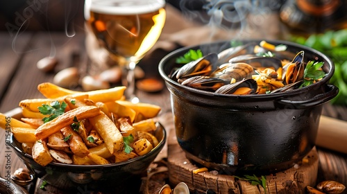 A rustic wooden table overflowing with a steaming pot of moules marini res (mussels in white wine broth), a generous portion of golden frites (Belgian fries), and a cold Belgian beer in a traditional