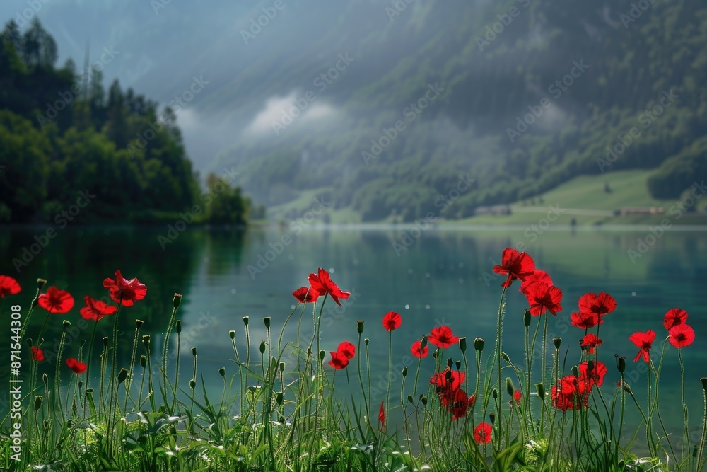 Obraz premium The image of red flowers beside a body of water during daytime emphasizes the beauty and tranquility of nature.