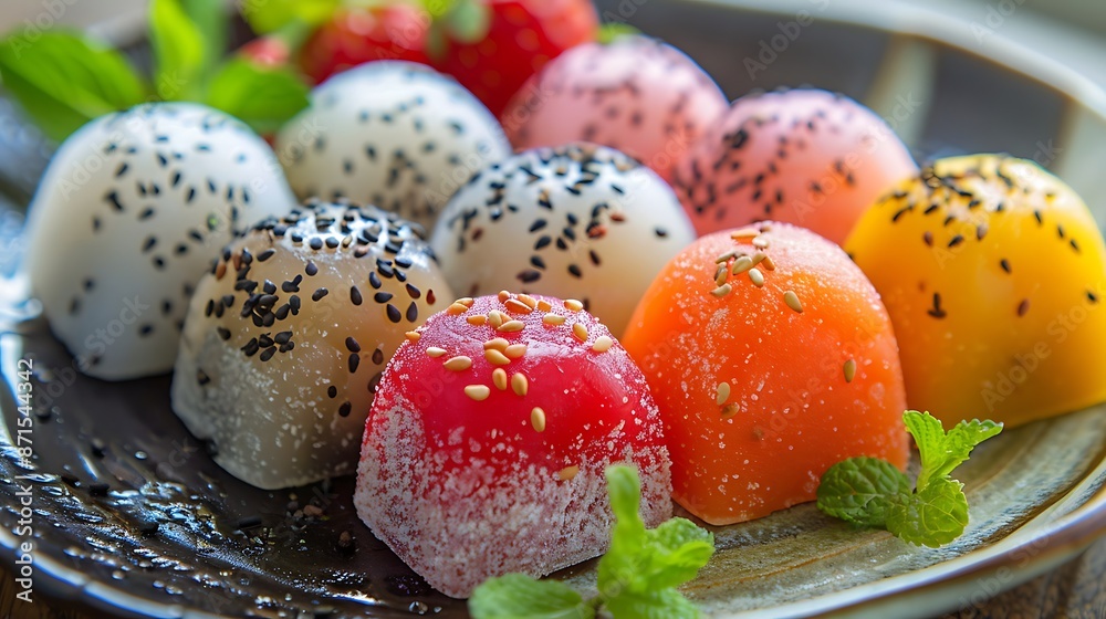 A selection of colorful mochi (rice cakes) with various fillings sweet red bean paste, fresh strawberries, and toasted black sesame seeds arranged on a traditional plate. A selection of colorful mochi (rice cakes) with various fillings sweet red bean paste, fresh strawberries, and toasted black sesame seeds arranged on a traditional plate.