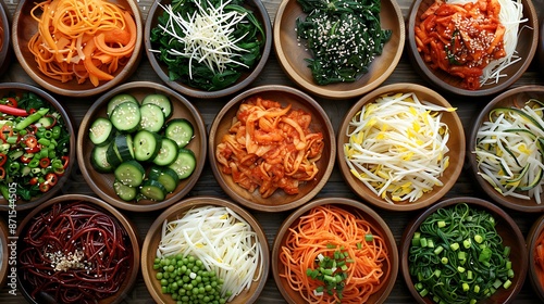 A vibrant assortment of colorful banchan (side dishes) displayed on a table, featuring kimchi, seasoned spinach, marinated bean sprouts, and japchae (glass noodles stir-fried with vegetables). photo