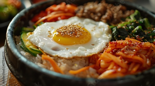 A close-up shot of a dolsot bibimbap (mixed rice in a hot stone pot), featuring fluffy rice, seasoned vegetables, a fried egg, and a dollop of gochujang (Korean chili paste), ready to be mixed. photo