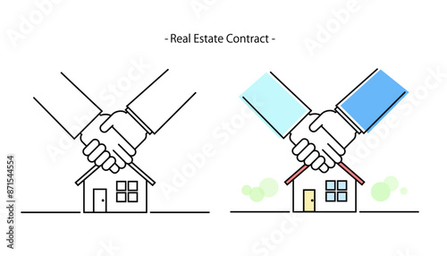 住宅と握手のイラスト―不動産取引イメージ