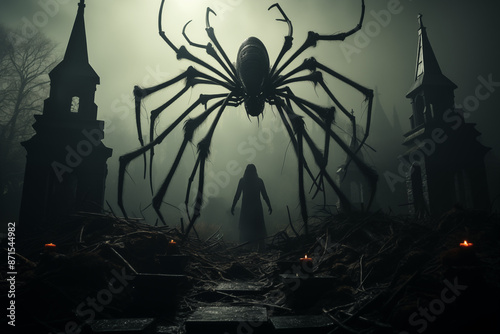 A Giant Spider Weaving A Web In An Eerie, Foggy Graveyard