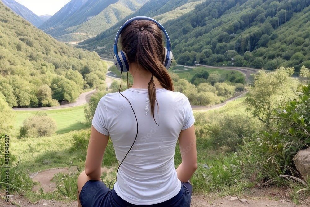 Naklejka premium Young brunette woman enjoying music on hilltop, serene nature view, peaceful and relaxed moment.