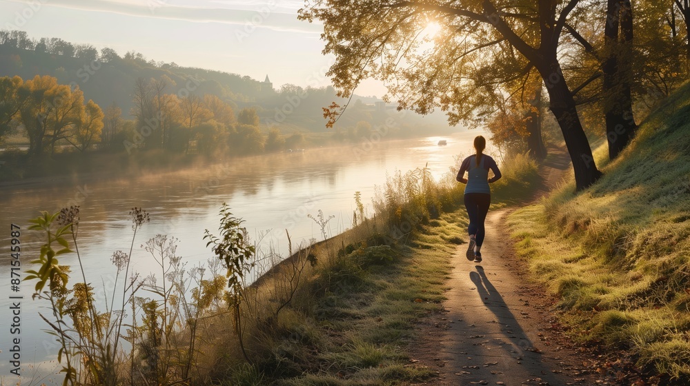 Obraz premium A person jogs along a scenic trail, feeling calm and determined, enjoying nature and setting a positive tone.