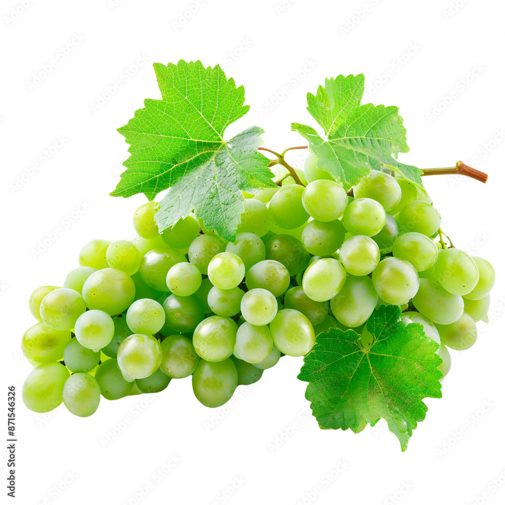Obraz premium A bunch of green grapes with leaves isolated on a white background