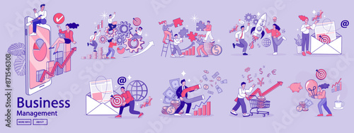 Financing business activities. Set of people in various activities of online business.