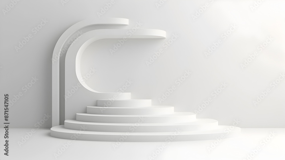 Obraz premium Minimal White 3D Geometric Abstract Podium Backdrop for Product Display or Presentation