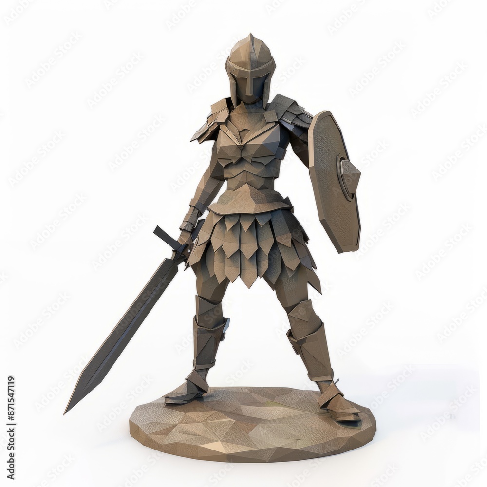Obraz premium 3D Render of a Low Poly valiant female warrior ready for battle, on isolated white background, Generative AI