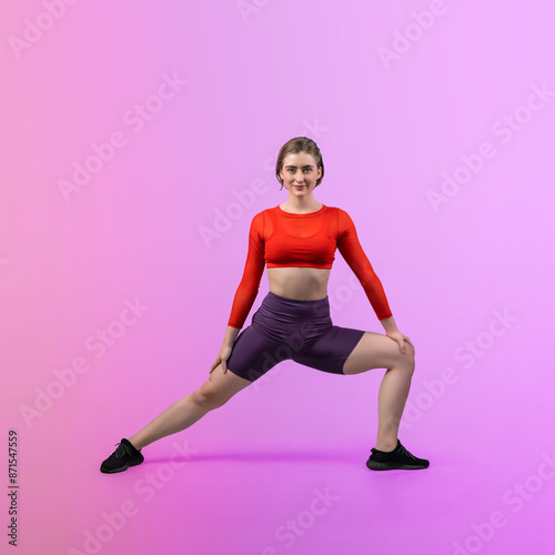 Full body length gaiety shot athletic and sporty woman doing healthy and meditative yoga exercise workout posture on isolated background. Healthy active and body care lifestyle © Summit Art Creations