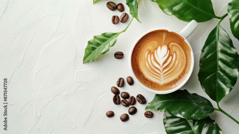 A white coffee cup with a leaf design sits on a table with coffee grounds A white coffee cup with a leaf design sits on a table with coffee grounds