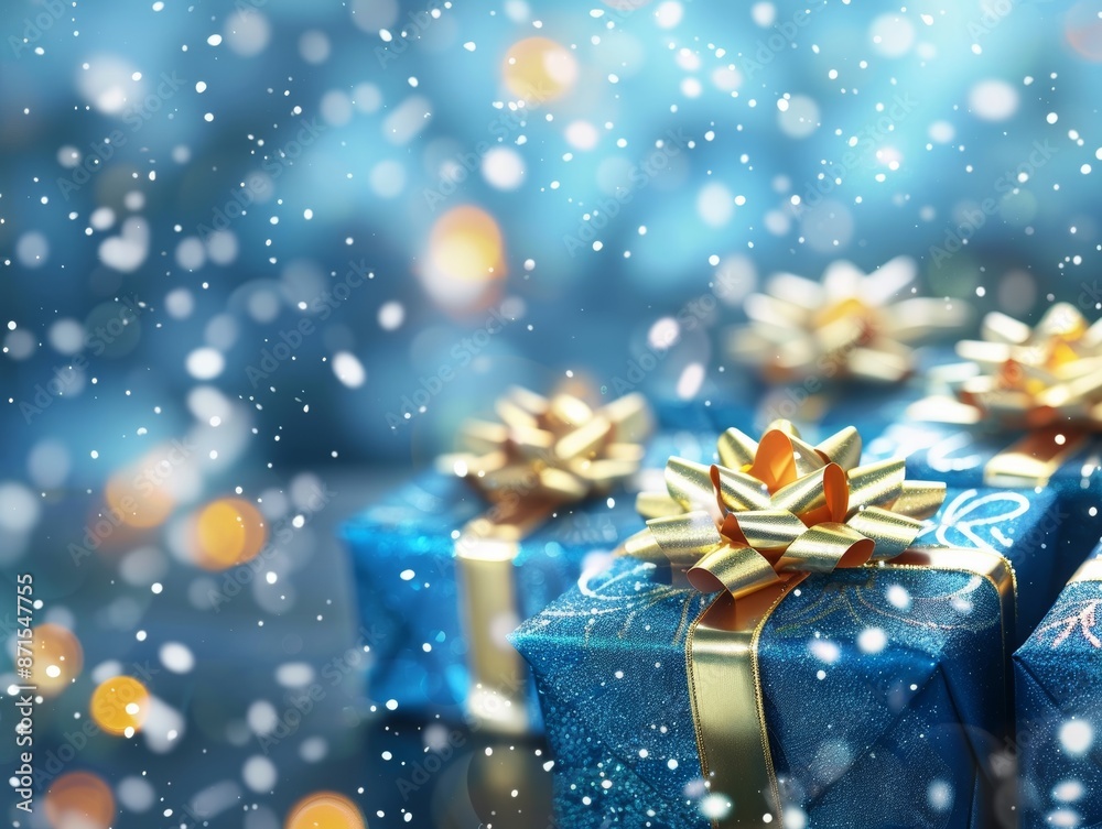 Blue Christmas gift boxes with gold bow on blue defocused holiday background - ai Blue Christmas gift boxes with gold bow on blue defocused holiday background - ai