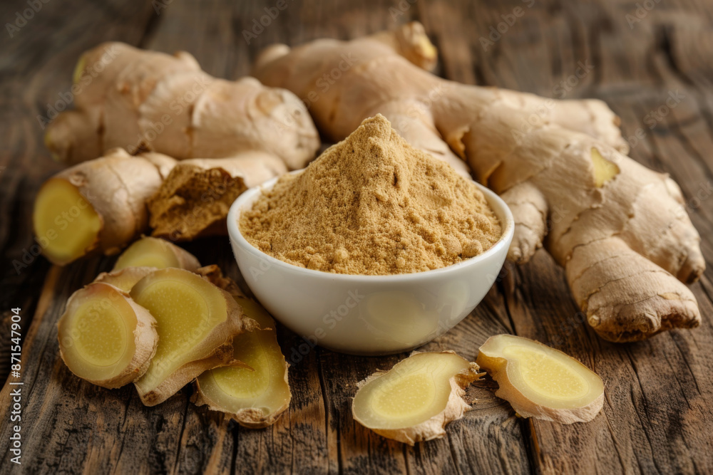 Fototapeta premium Fresh Ginger Root and Powder on Rustic Wooden Background