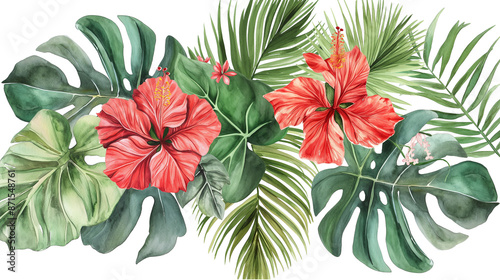 A painting of a tropical flower arrangement with a red flower in the center