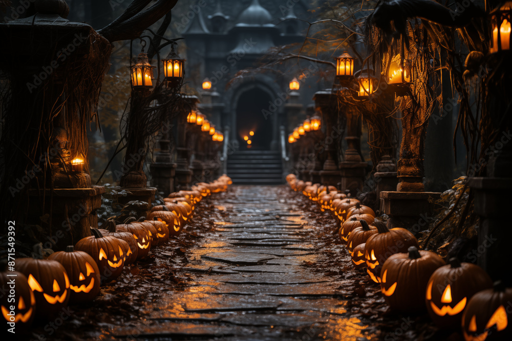 Fototapeta premium A Haunted House With Glowing Jack-o'-lanterns Lining The Path
