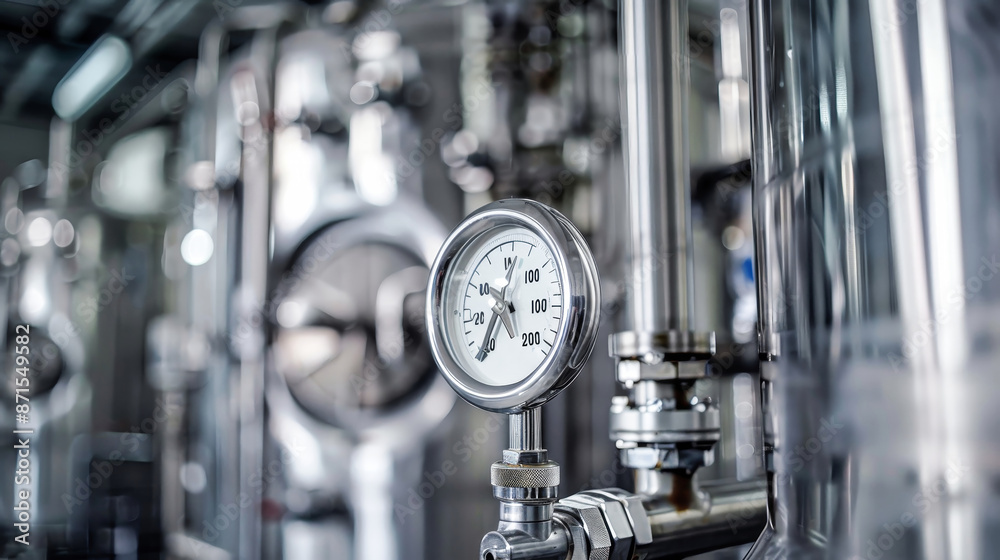 A temperature sensor mounted on a stainless steel pipe in a factory setting, with other industrial equipment blurred in the background A temperature sensor mounted on a stainless steel pipe in a factory setting, with other industrial equipment blurred in the background