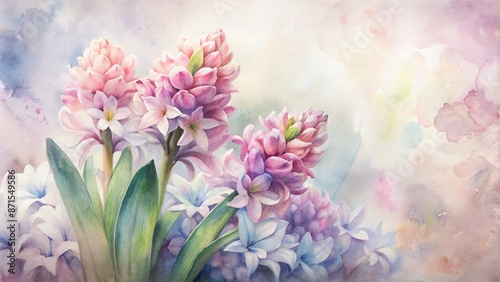Soft focus pastel pink hyacinth flowers bloom against a serene white background, providing ample copyspace for spring-inspired designs.