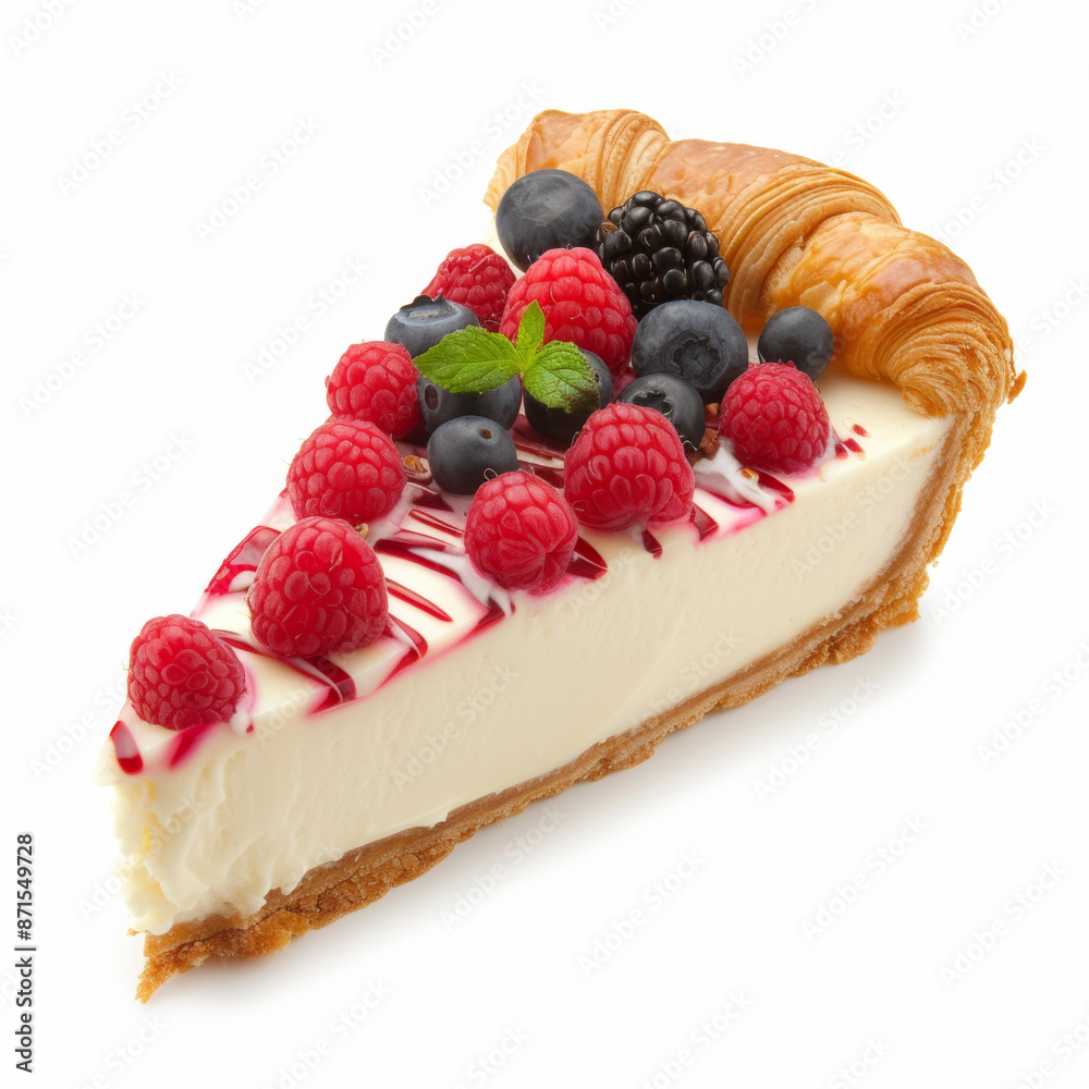 One slice of cheesecake closeup, isolated on white background.
