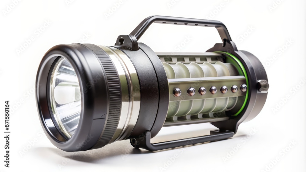 A sleek, modern, energy-efficient LED camping lamp with adjustable swivel head and durable design isolated on a clean white background. A sleek, modern, energy-efficient LED camping lamp with adjustable swivel head and durable design isolated on a clean white background.