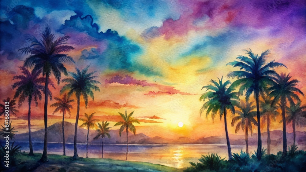 Fototapeta premium Vibrant colors of tropical horizon silhouette serene palm trees against warm golden light of peaceful dawn or dusk serenity landscape