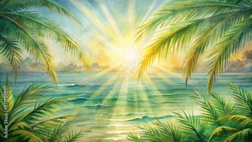 Wallpaper Mural Golden sunbeams filter through lush green palm fronds against a serene ocean backdrop, epitomizing a tranquil tropical summer paradise. Torontodigital.ca