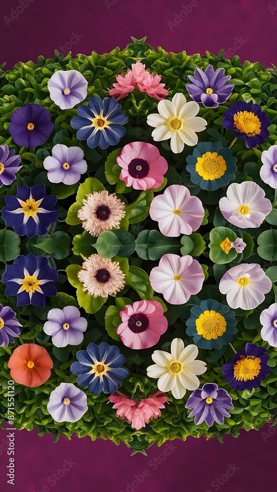 Top view of beautiful flowers with green leaves on violet background Top view of beautiful flowers with green leaves on violet background