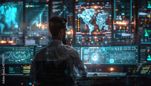 Futuristic trader analyzing cryptocurrency graphs on multiple holographic screens, cryptocurrency, tech-savvy investment