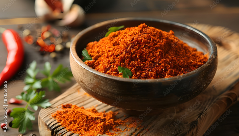 Bowl with aromatic paprika powder on wooden table, closeup Bowl with aromatic paprika powder on wooden table, closeup