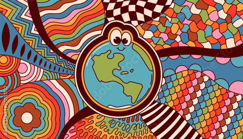 Coloring page with planet Earth funny face Psychedelic groovy .