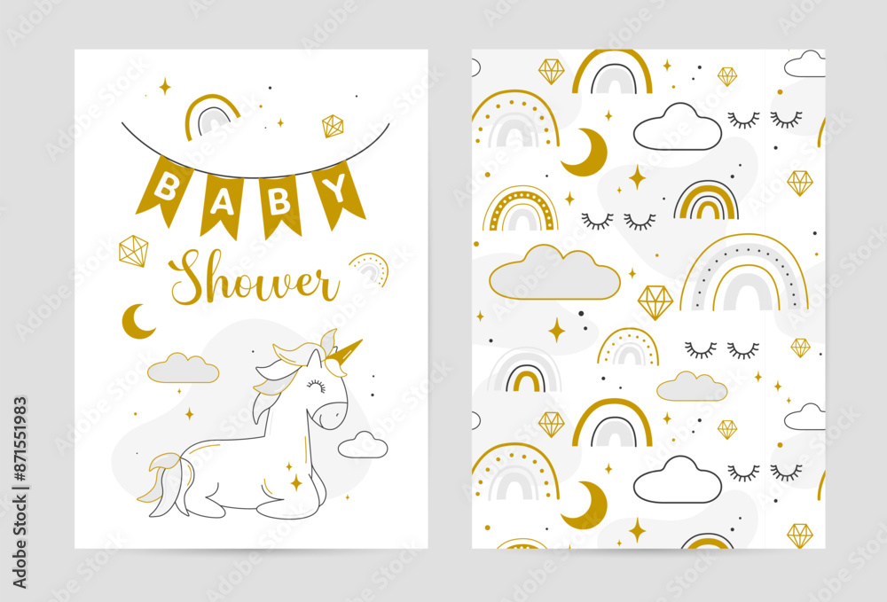 Fototapeta premium Childrens magic posters with unicorn, clouds, moon, stars, rainbows. Childrens birthday invitation. Design for kid room decoration, baby shower, greeting cards, covers, wallpaper background, nursery