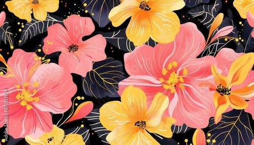 Bright and colorful floral pattern featuring pink and yellow flowers on a dar...