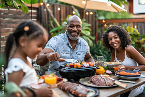African-American family having a fun family day with barbecue in the backyard. Generative Ai 