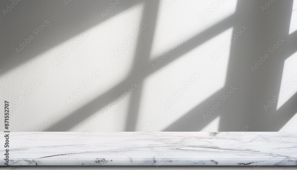 Marble table with window shadow drop on white wall background for mockup product display Marble table with window shadow drop on white wall background for mockup product display