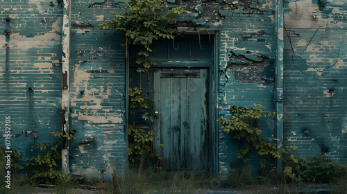 A blue door with a green trim sits in front of a building with a faded blue