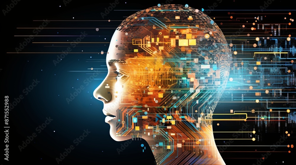Abstract artwork of human head silhouette with circuit board design Abstract artwork of human head silhouette with circuit board design